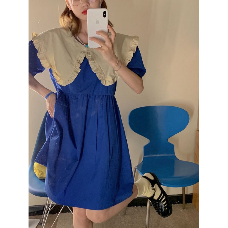 [F &amp; X] Đầm Cổ Búp Bê Ôm Dáng Màu Tương Phản Dễ Phối Đồ Thời Trang Mùa Hè Kiểu Mới Niche