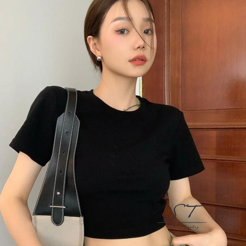 Áo Thun Crop Top Tay Ngắn Cổ Tròn Màu Đen Thời Trang Mùa Hè Cho Nữ CY03