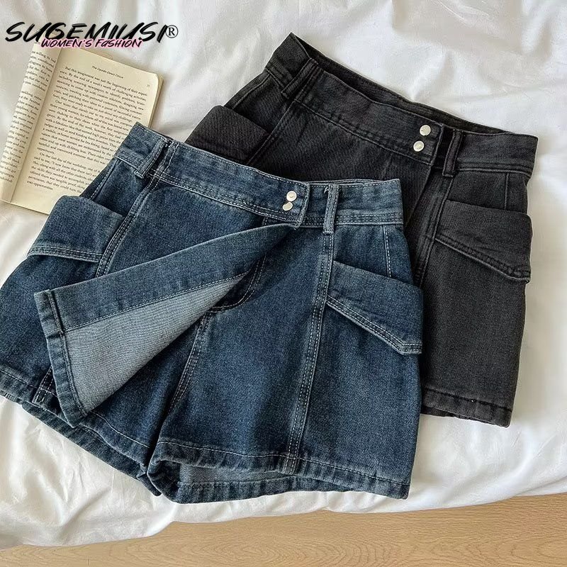 Quần Đùi Denim Lưng Cao Phong Cách Retro Cho Nữ