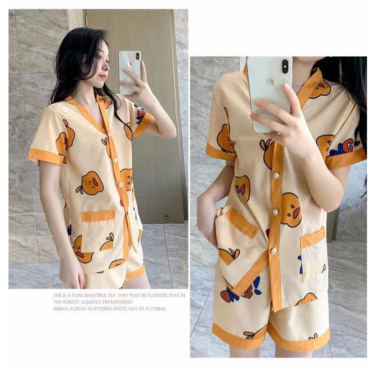 Bộ Đồ Ngủ Tay Ngắn Chất Lụa Họa Tiết Hoạt Hình Thời Trang Xuân Hè Xinh Xắn Cho Nữ