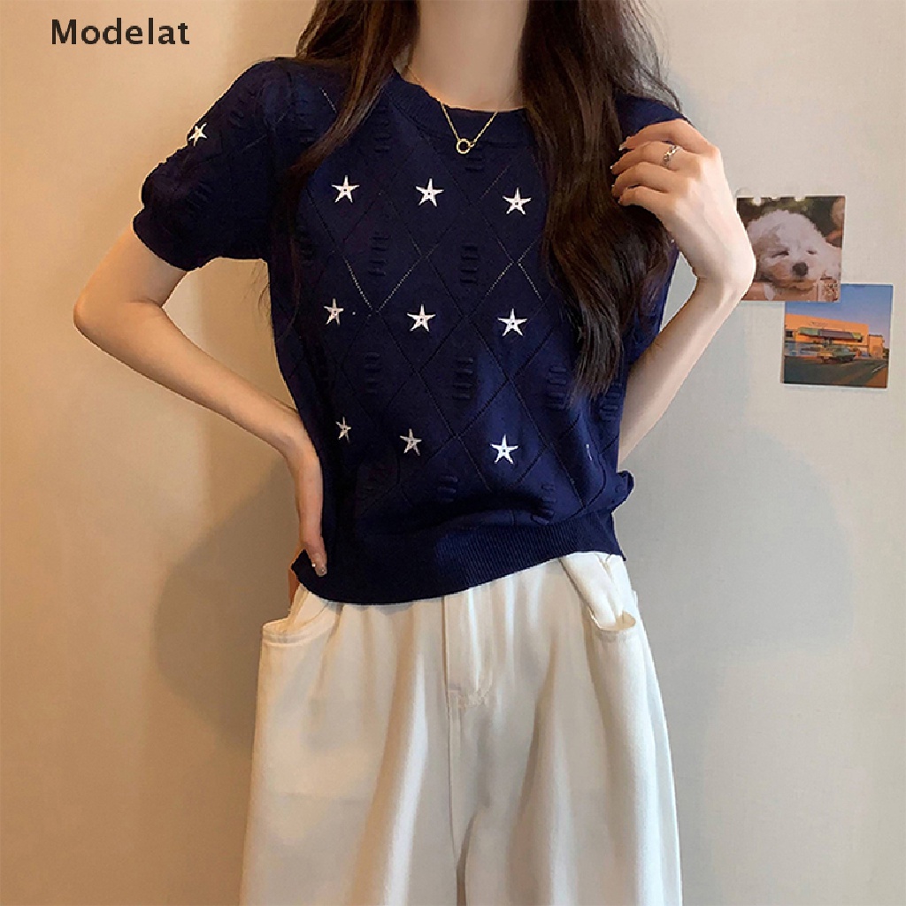 Áo Thun Dệt Kim Tay Ngắn Cổ Tròn Thêu Hình Ngôi Sao Phong Cách Cổ Điển Thời Trang Mùa Hè Cho Nữ