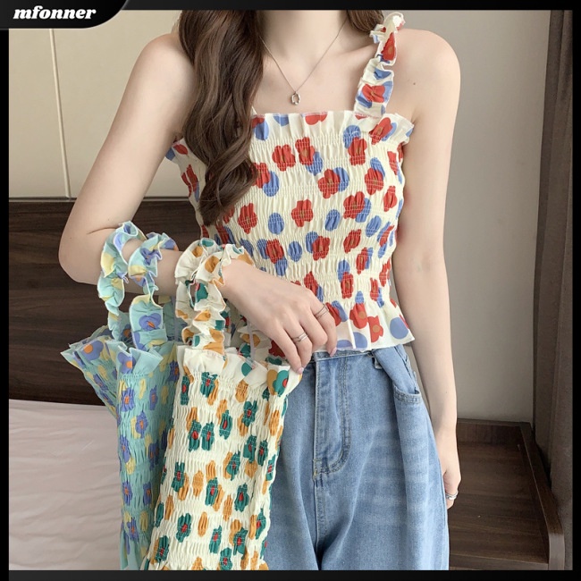 Áo Tank Top Không Tay Phối Bèo Họa Tiết Hoa Xinh Xắn Thời Trang Mùa Hè Cho Nữ