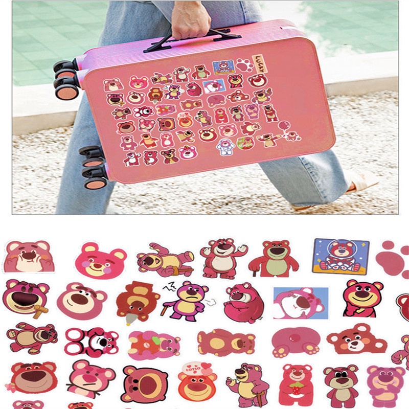 Bộ 50 Miếng Dán Trang Trí Chống Thấm Nước Họa Tiết Gấu Và Dâu Tây Dễ Thương