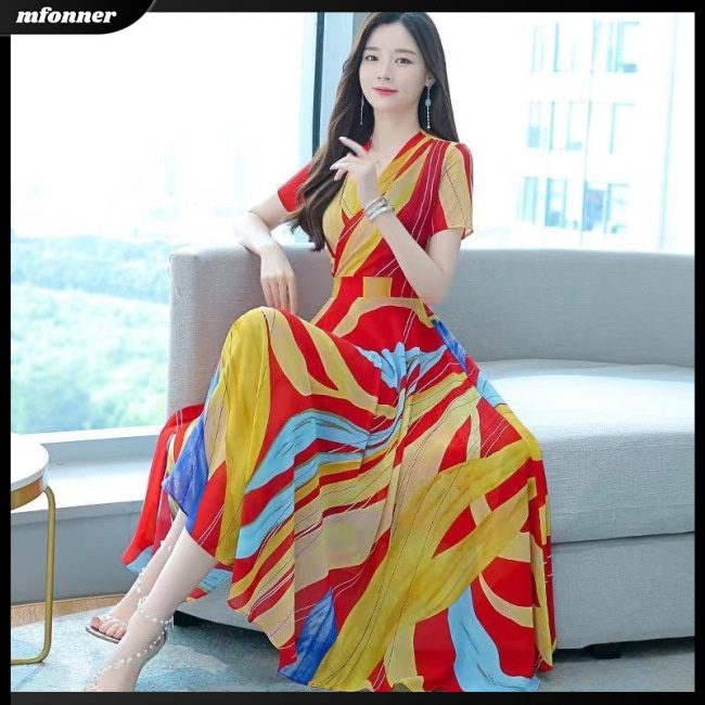 Đầm Chữ A Tay Ngắn Cổ Chữ V In Họa Tiết Thời Trang Cho Nữ