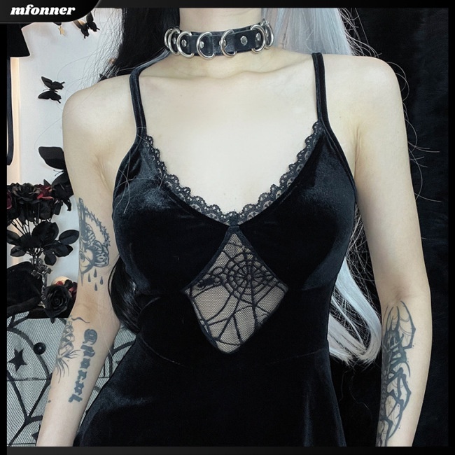 Đầm Nhung Phối Ren Không Tay Lưng Cao Quyến Rũ Cho Nữ