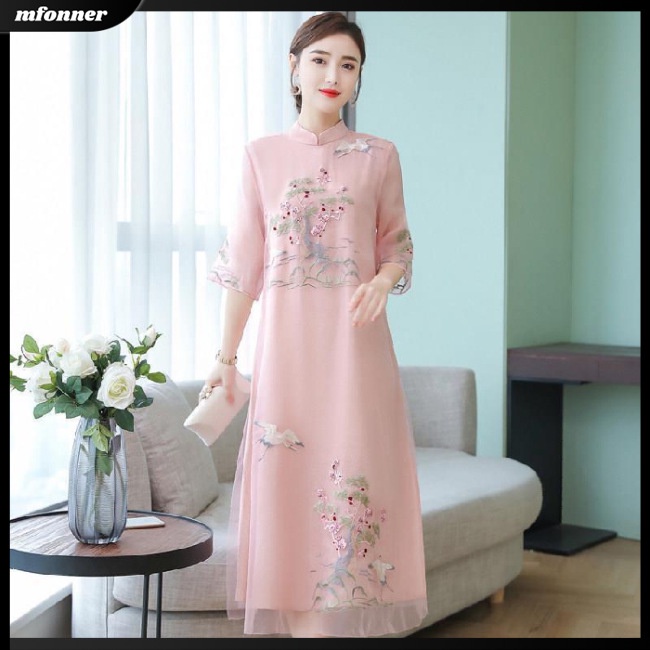 Đầm Chữ A Tay Lửng Dáng Rộng Thêu Họa Tiết Dân Tộc Trung Hoa Thời Trang Mùa Hè Dành Cho Bạn Nữ