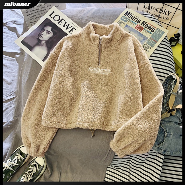 Áo Khoác Nữ Tay Dài Cổ Lọ Phối Lông Cừu Thời Trang