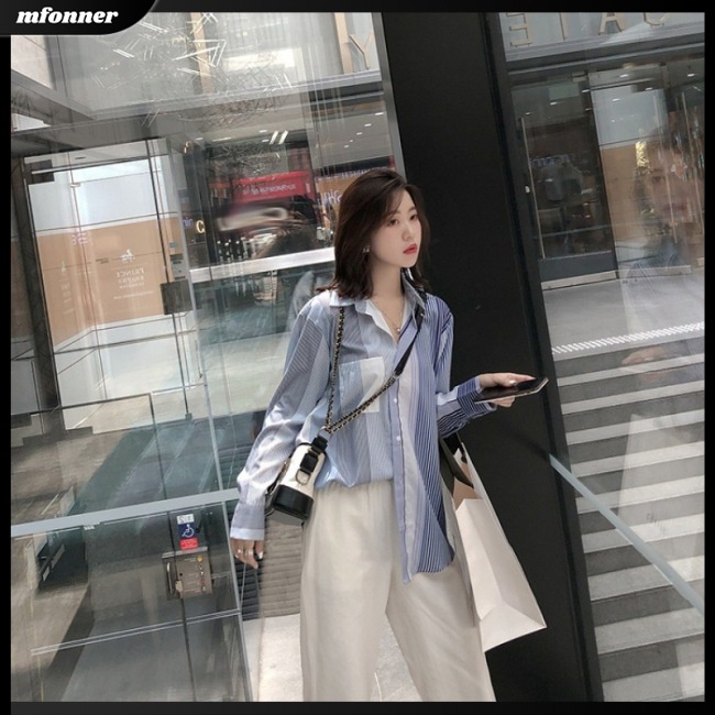 Áo Sơ Mi Nữ Tay Dài Dáng Rộng Họa Tiết Kẻ Sọc Thời Trang