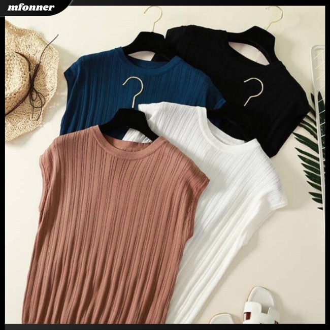 Áo Dệt Kim Tay Ngắn Cổ Tròn Màu Sắc Đơn Giản Cho Nữ Có Size Lớn