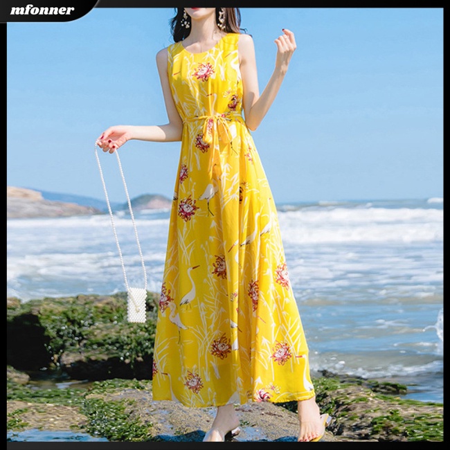 Đầm Dài Không Tay Eo Co Giãn In Hoa Thời Trang Mùa Hè Dành Cho Nữ