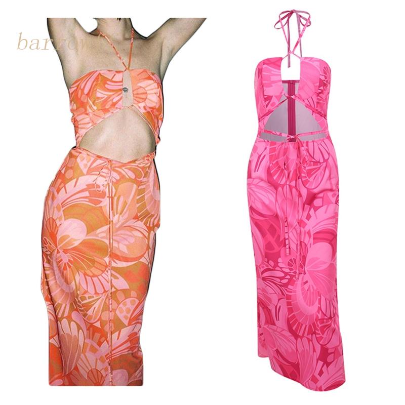 Brroa Đầm Midi Dáng Bút Chì Không Tay Hở Lưng In Họa Tiết Hoa Phong Cách Boho Xẻ Tà Gợi Cảm Cho Nữ Cl