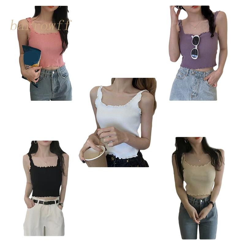 Brroa Áo Croptop Dệt Kim Cổ Vuông Màu Trơn Phong Cách Boho Quyến Rũ Thời Trang Mùa Hè Cho Nữ