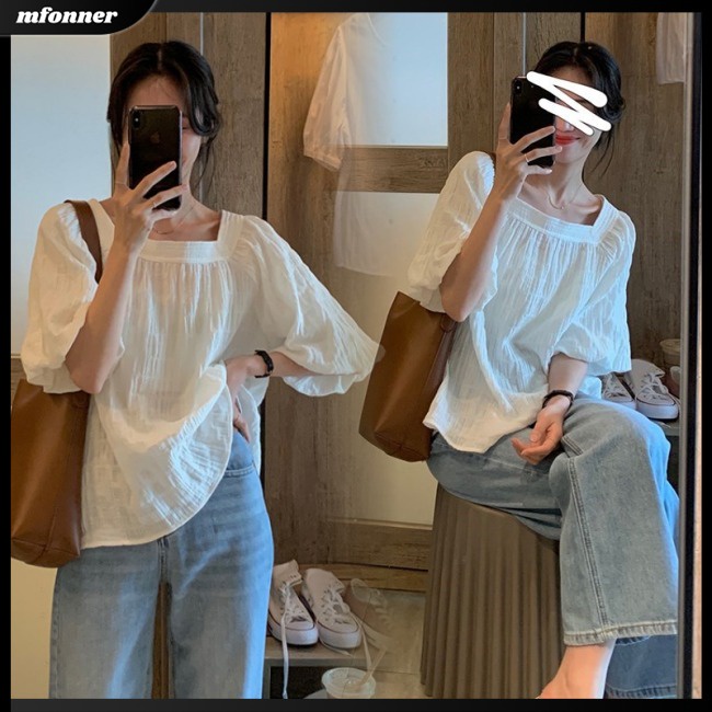 Áo Sơ Mi Tay Ngắn Phồng Cổ Vuông Màu Sắc Trơn Phong Cách Hàn Quốc Dành Cho Nữ