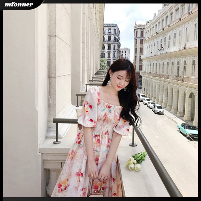 Đầm Midi Dáng Chữ A Tay Phồng Cổ Vuông in Họa Tiết Tranh Sơn Dầu Thời Trang Cho Nữ