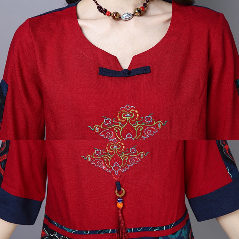 Áo cotton Lanh Dáng Rộng Thêu Hạt Gỗ Phong Cách retro Cho Nữ