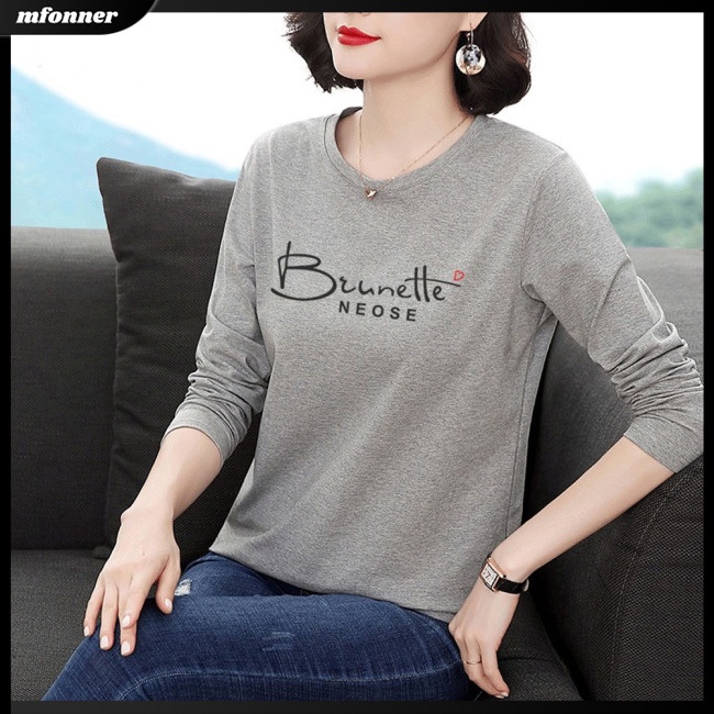 Áo Thun Tay Dài Cổ Tròn In Chữ Plus Size Cho Nữ