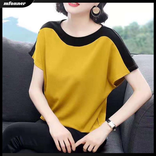 Áo Thun Tay Ngắn Cổ Tròn Phối Màu Tương Phản Thời Trang Cho Nữ