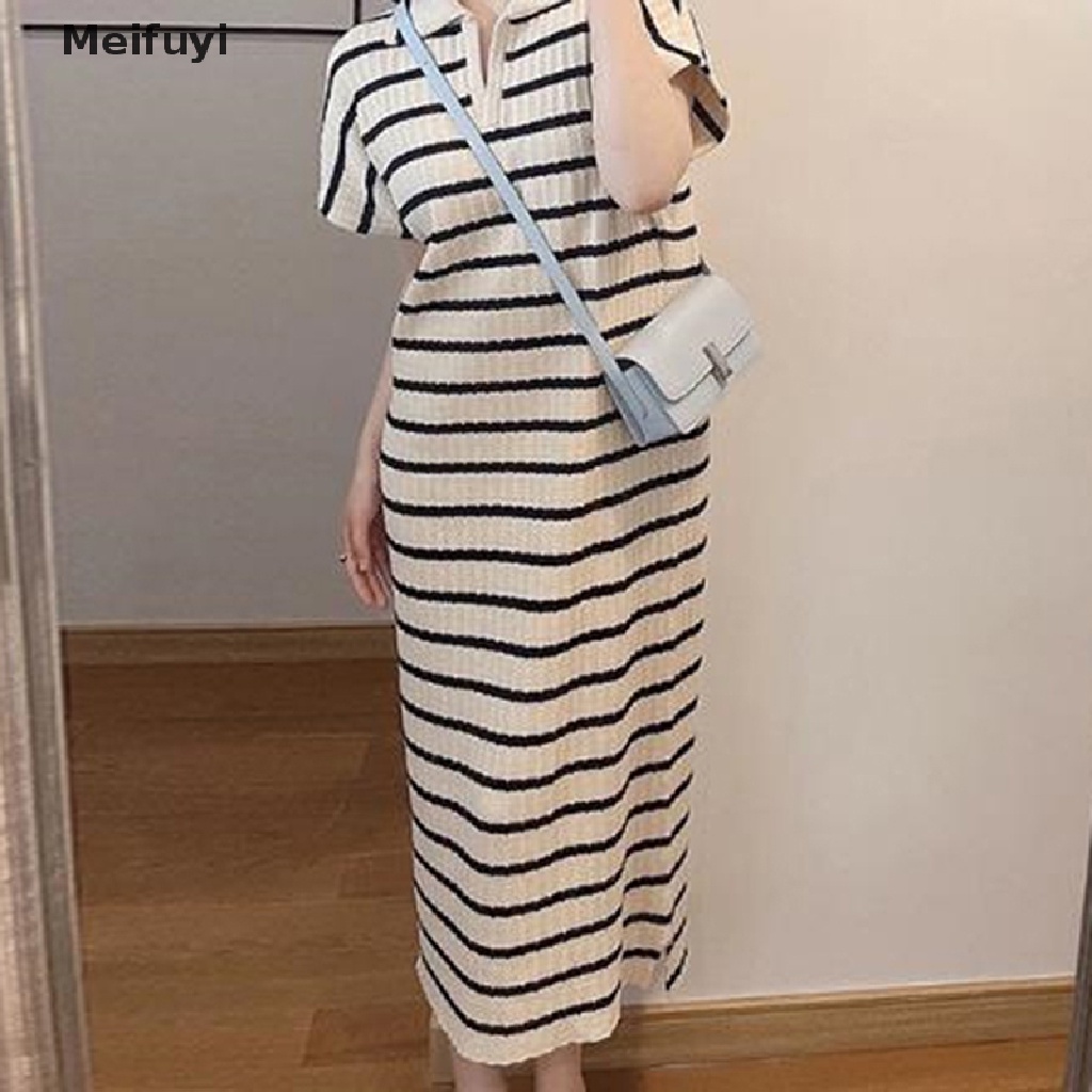Đầm Thun Dài Cổ Chữ V Tay Ngắn Dáng Rộng Họa Tiết Kẻ Sọc Đơn Giản Thời Trang Cho Nữ