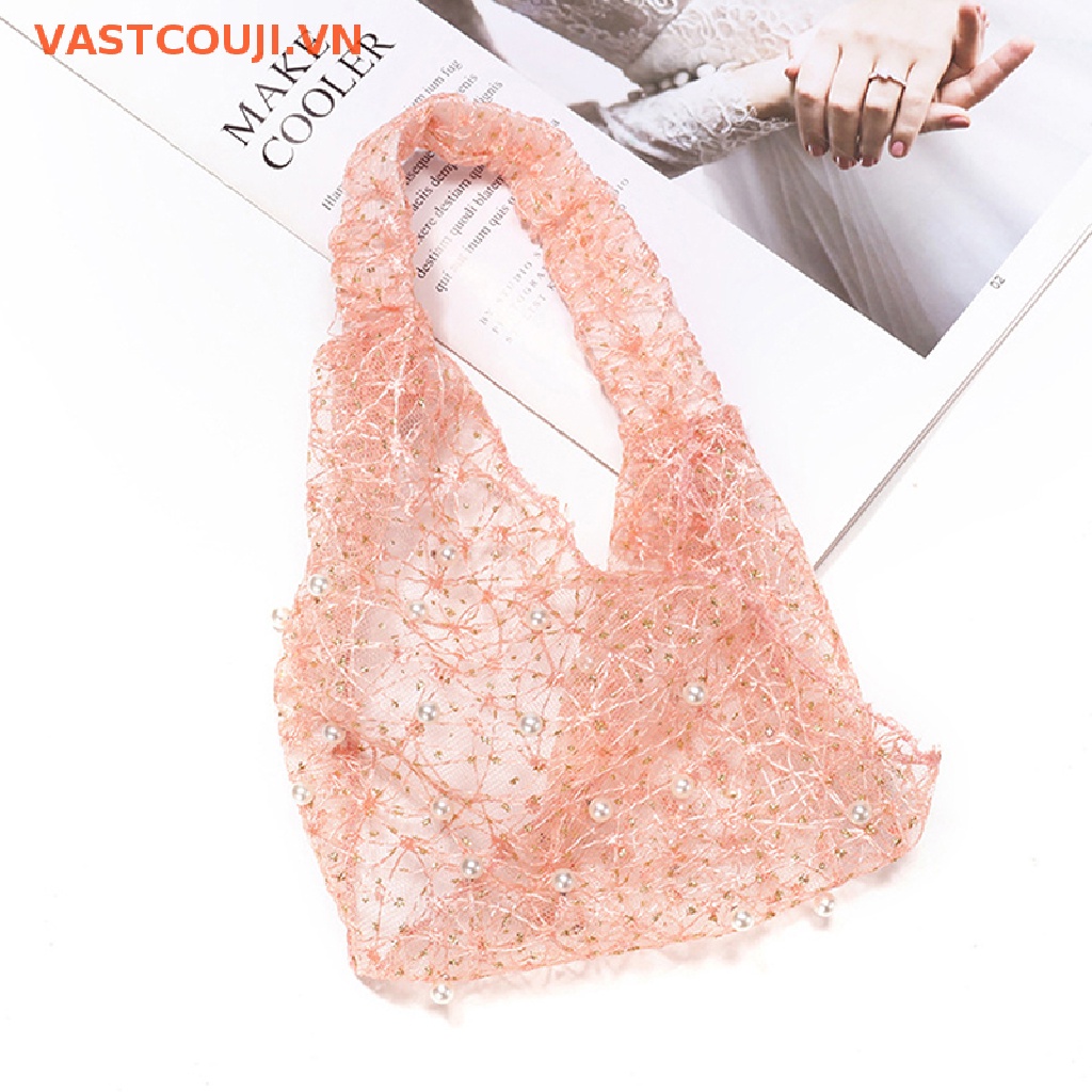 Băng Đô Cài Tóc Bản Rộng Phối Lưới Thoáng Khí Đính Ngọc Trai Giả