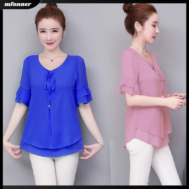 Áo Sơ Mi Chiffon Tay Ngắn Dáng Rộng Thời Trang Mùa Hè Cho Nữ Trung Niên