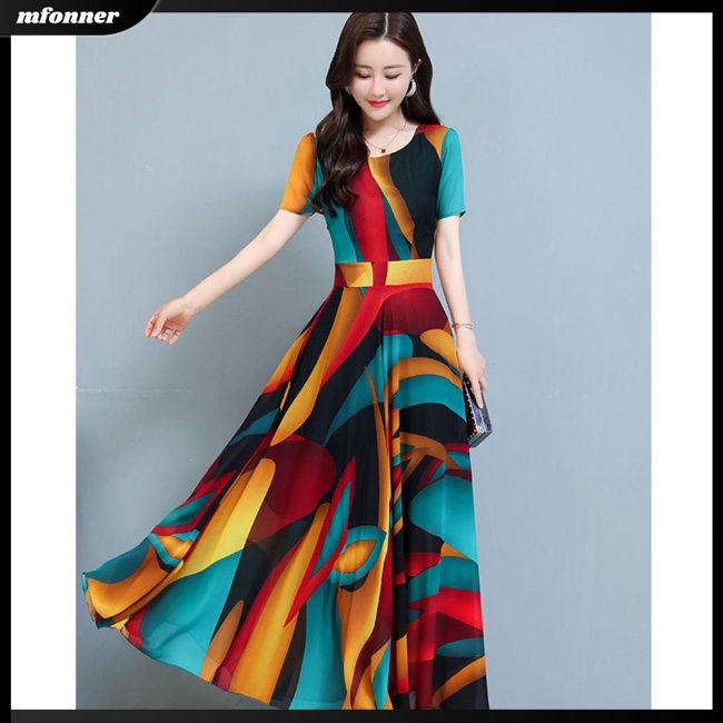 Đầm Lụa Tay Ngắn Dáng Xòe Rộng In Họa Tiết Thời Trang Mùa Hè Xinh Xắn Cho Nữ