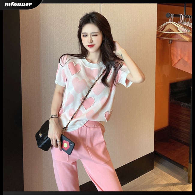 Áo Thun Dệt Kim Tay Ngắn Cổ Thuyền Họa Tiết Trái Tim Đính Hạt Cườm Thời Trang Cho Nữ