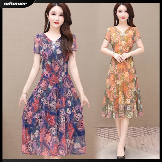 Đầm Tay Ngắn Cổ Chữ V Ôm Eo Xếp Ly Thoải Mái In Họa Tiết Hoa Nhiều Màu Sắc Ngọt Ngào Thời Trang Cho Nữ