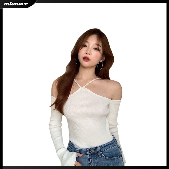 Áo Sweater Dệt Kim Trễ Vai Dài Tay Ôm Dáng Gợi Cảm Cho Nữ