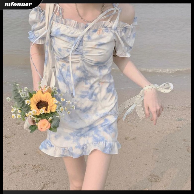 Đầm Cổ Thuyền Tay Phồng In Họa Tiết Hoa Nhuộm Màu Xinh Xắn Thời Trang Cho Nữ