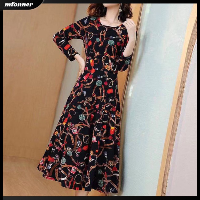 Đầm Dài Tay Cổ Tròn Họa Tiết Hoa Thời Trang Cho Nữ