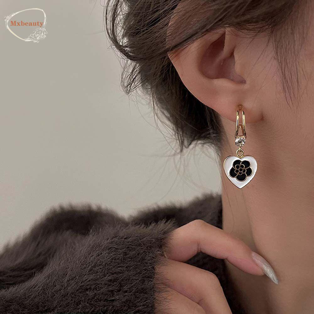 Mxbeauty Khuyên Tai Mạ Bạc 925 Hình Hoa Trà Thanh Lịch|Tranh Sơn Dầu Hình Trái Tim Phong Cách Hàn Quốc
