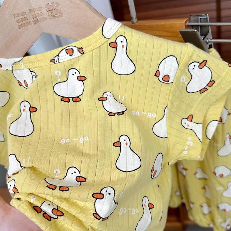 80-140cm Mùa Hè Phong Cách Mới Bé Gái Mặc Bên Ngoài Bộ Đồ Ngắn Tay Cho Bé Mùa Hè Bộ Đồ Hai Mảnh Phiên Bản Hàn Quốc Bộ Đồ Ngủ Tây Mềm Mại Thoáng Khí