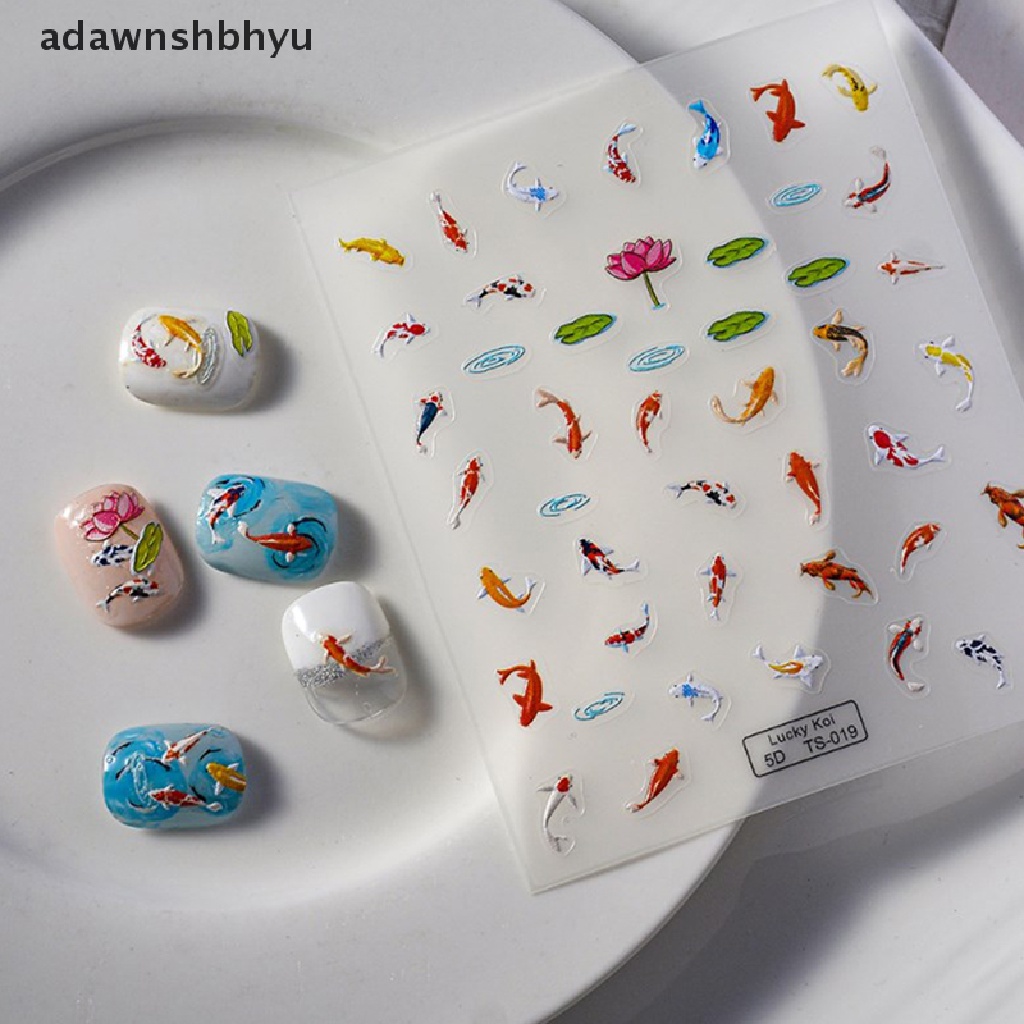 Miếng Dán Trang Trí Móng Tay Họa Tiết Cá Lá Sen 5D Nhiều Màu Sắc