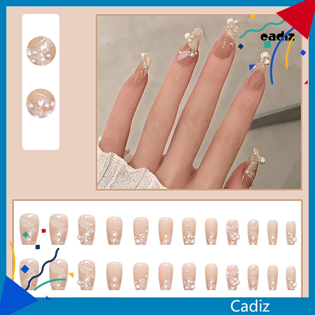 Bộ 24 Móng Tay Giả Trong Suốt Dạng Nhấn Đính Ngọc Trai Có Keo Độ Bóng Cao Cho Salon DIY