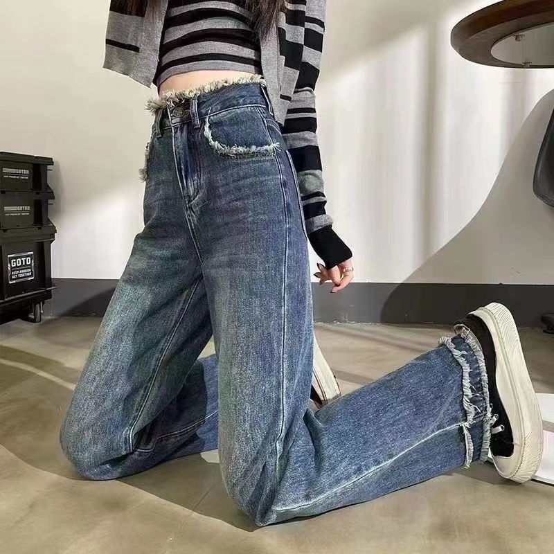 Quần Denim Ống Rộng Tua Rua Thời Trang Chất Lượng Cao