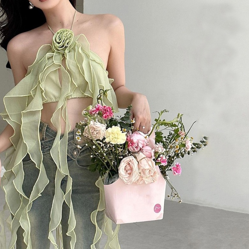 Áo Croptop Hai Dây Phối Tua Rua In Họa Tiết Hoa 3D Quyến Rũ Dành Cho Nữ