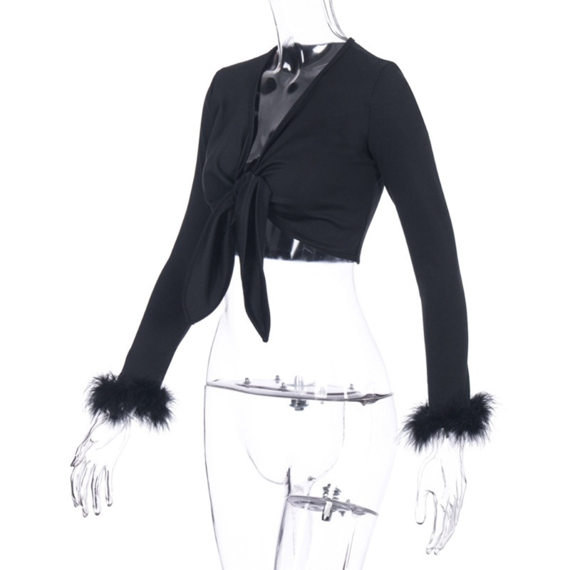 Áo Croptop Tay Dài Cổ Chữ V Phối Lông Thời Trang Quyến Rũ Cho Nữ