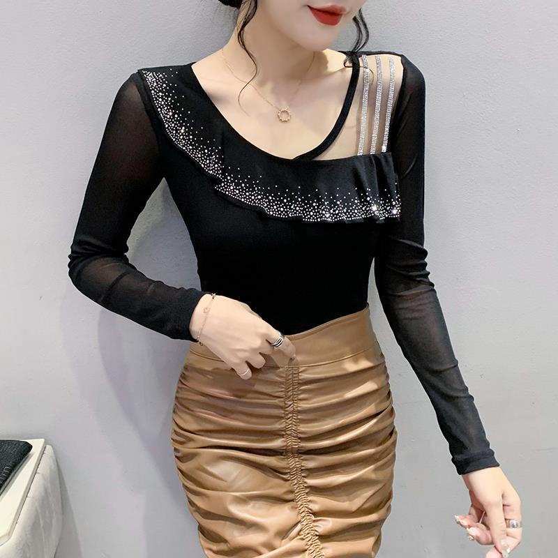 áo lưới dài tay áo thun dài tay nữ Áo Thun Tay Dài Cổ Tròn Có Diềm Xếp Nếp Và Diềm Xếp Nếp Đính Kim