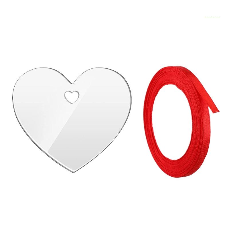 Set 60 Đĩa Tròn 3 Inch Bằng Acrylic Trong Suốt Họa Tiết Trái Tim Có Lỗ Kèm Dây Ruy Băng Đỏ