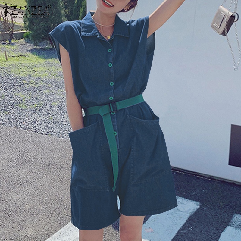 Bộ áo liền quần ZANZEA ngắn tay cổ bẻ thời trang vintage
