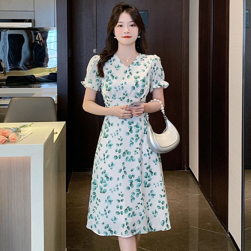 Đầm Dài Trung Bình In Hoa Màu Xanh Lá Thời Trang Mùa Hè Phong Cách Mới