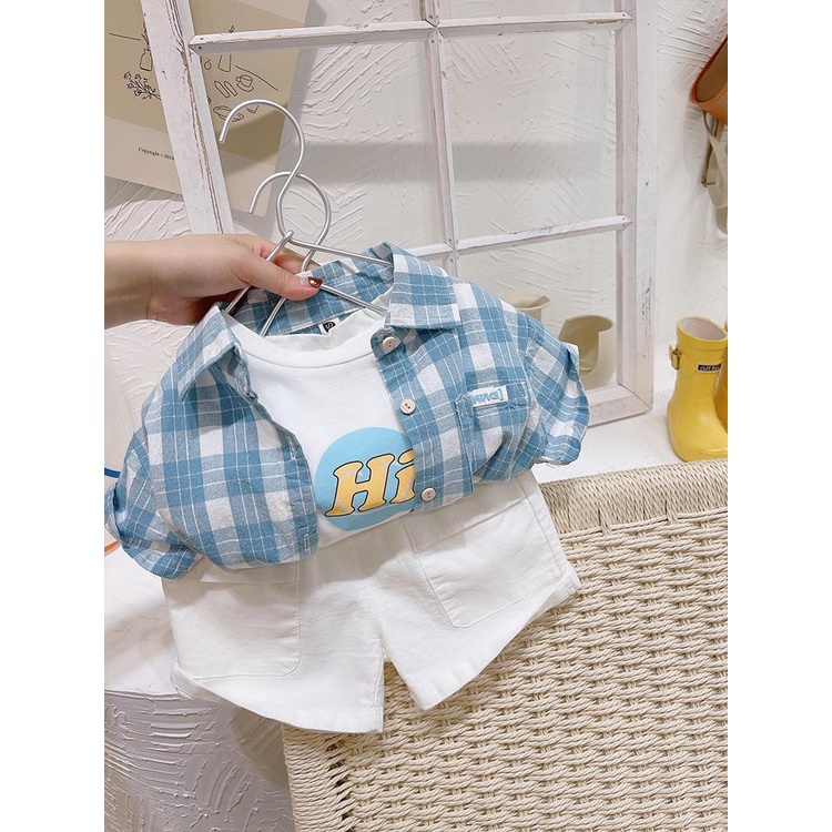 Set Áo Sơ Mi Tay Ngắn Và Áo Khoác Ghi Lê Họa Tiết Caro Phong Cách Hàn Quốc Thời Trang Mùa Hè Cho Bé Trai