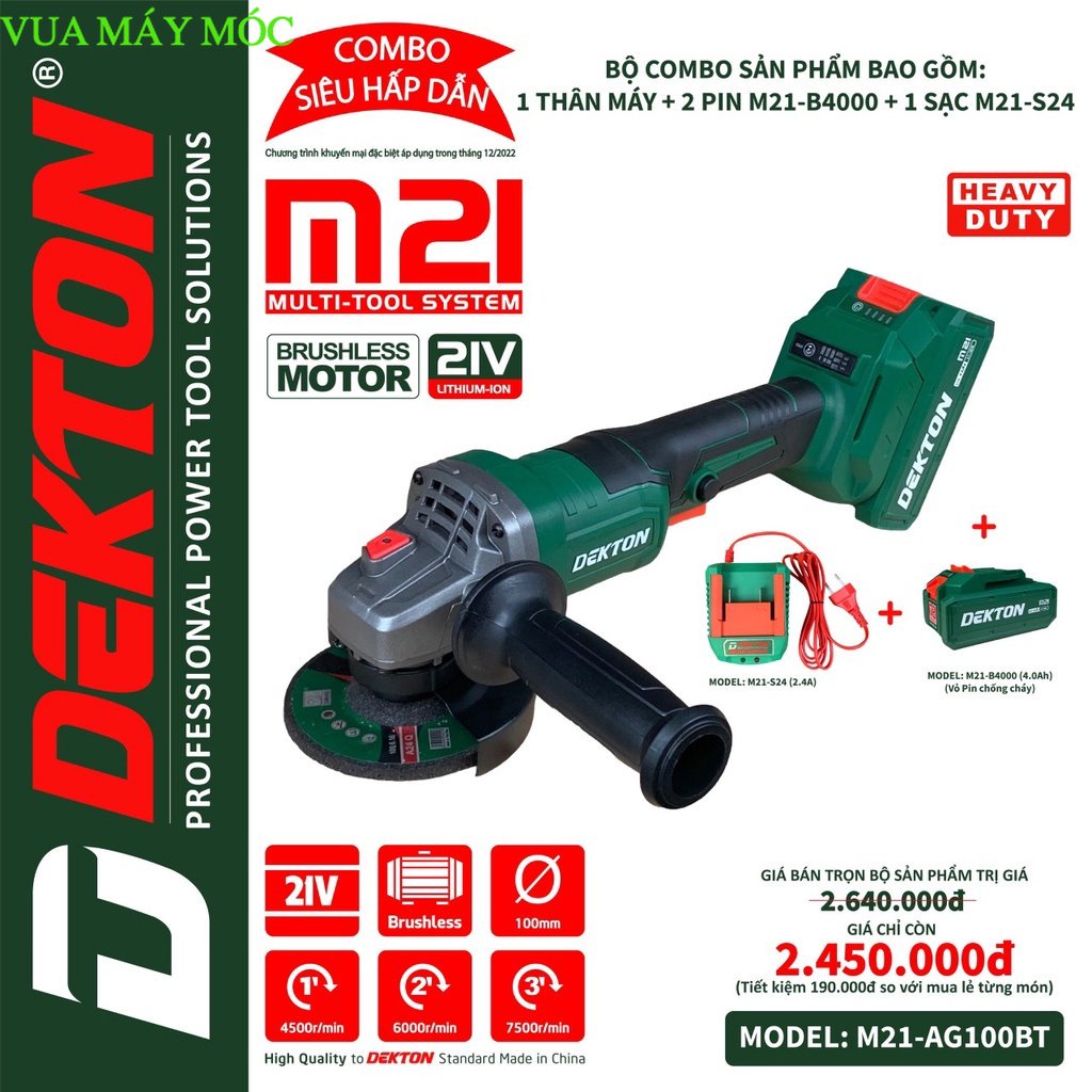 Máy Mài Góc Dekton M21-AG100BT Không chổi than - 21V chân pin phổ thông bảo hành chính hãng vua máy móc