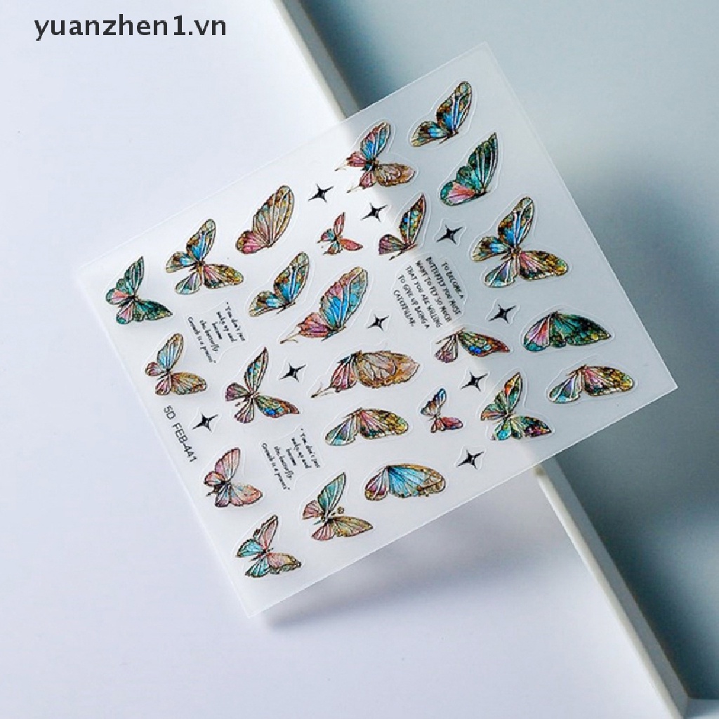 1 Tờ Miếng Dán Trang Trí Móng Tay Hình Bướm 5D Màu Gradient