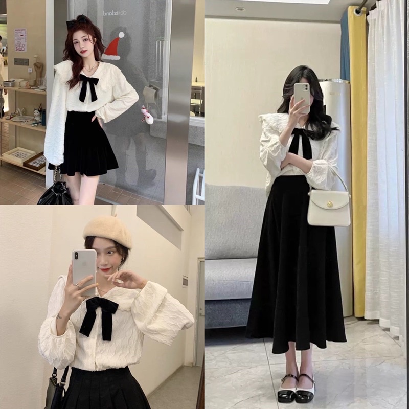 Set Áo Sơmi Xốp Hoa Cổ Nơ Mix Chân Váy Nhung Tăm Dày Dặn Tang Nơ Cài Rời VN977