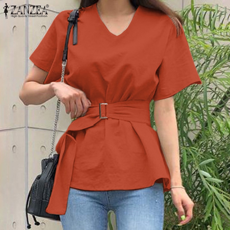 Zanzea Áo Kiểu Tay Ngắn Cổ Chữ V Có Nút Thắt Lưng Tháo Rời Được Phong Cách Hàn