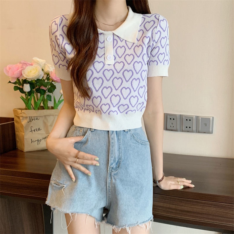 Áo polo Dệt Kim Tay Ngắn In Hình Trái Tim Dễ Thương Cho Nữ
