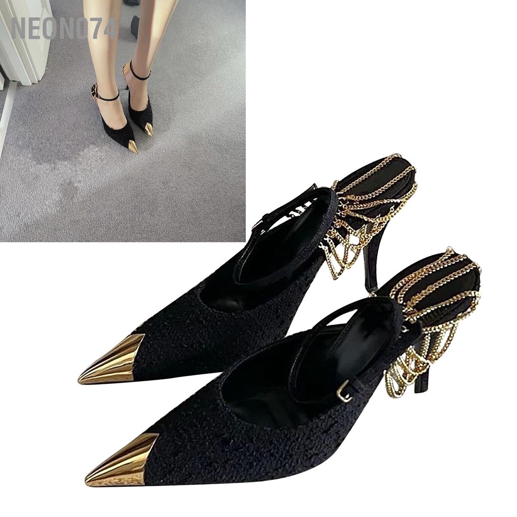 Neon074 2 giày Cao Gót Chiếc Mũi Nhọn Su PU Thời Trang Thoáng Khí Dây Đeo Mắt Cá Chân Cho Nữ