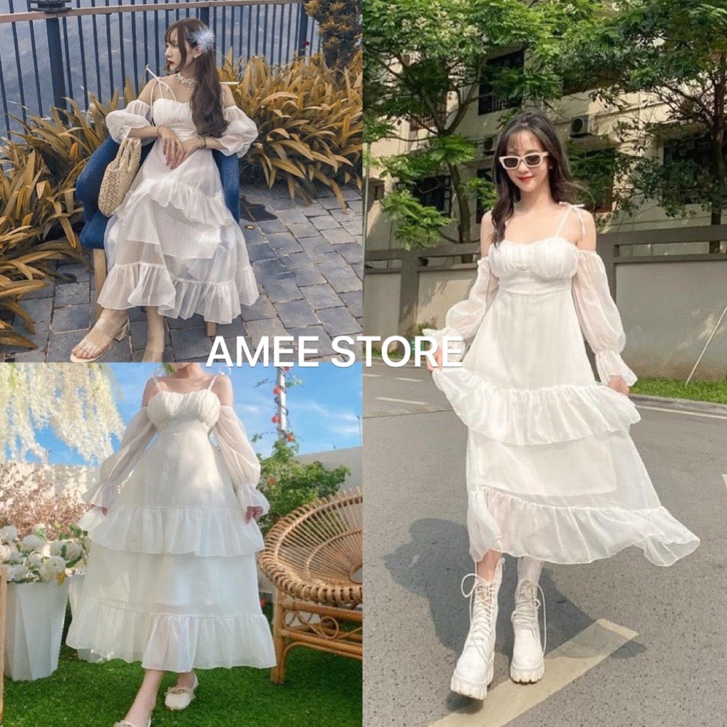 Váy maxi 2 dây Trễ vai nhiều tầng có mút ngực chất voan tơ- đầm nữ đi chơi dự tiệc đi biển dễ thương , EYE