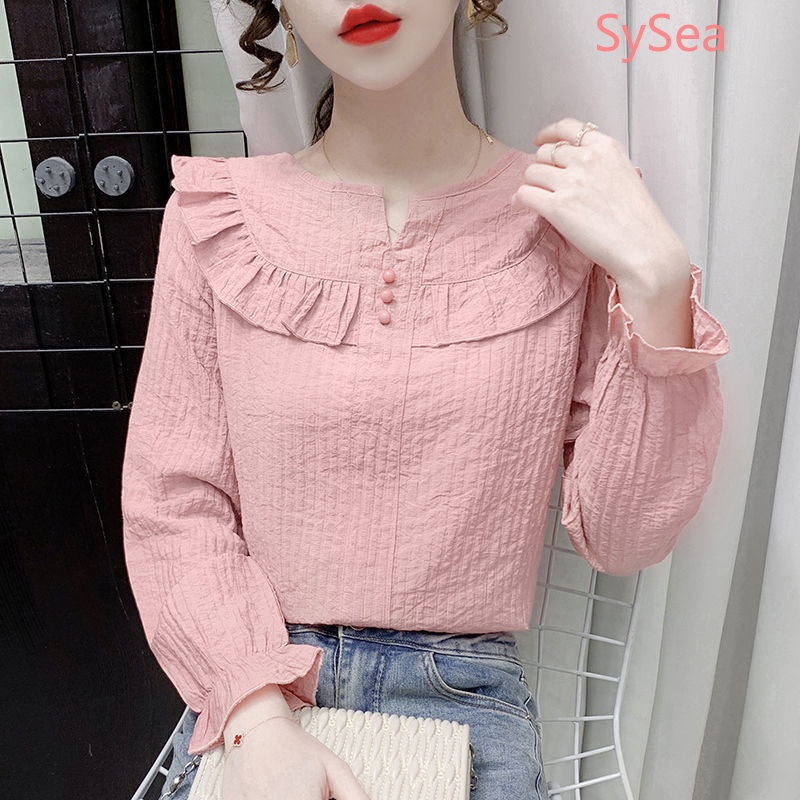 Áo Kiểu Tay Dài Phối Ren Phong Cách Pháp Thanh Lịch Cho Nữ